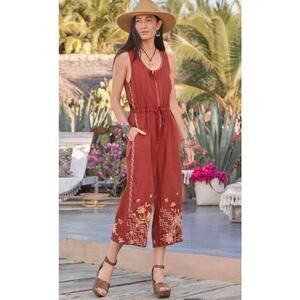 Johnny Was Elia Tie Linen Jumpsuit in the color Adobe (rust red) NWOT